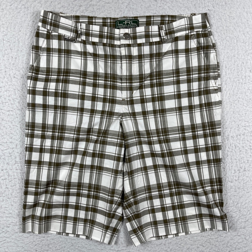 Lauren Active Ralph Lauren Shorts Womens 10 Olive White Plaid Bermuda Golf 24384